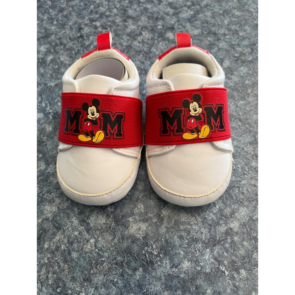 Disney Mickey Mouse Infant Crib Shoes White Red Elastic Strap Slip On Sneakers